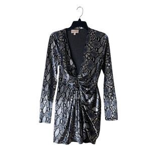 Club L London Snake Velvet Twist Front Dress Size 8 Black Bodycon Party Midi